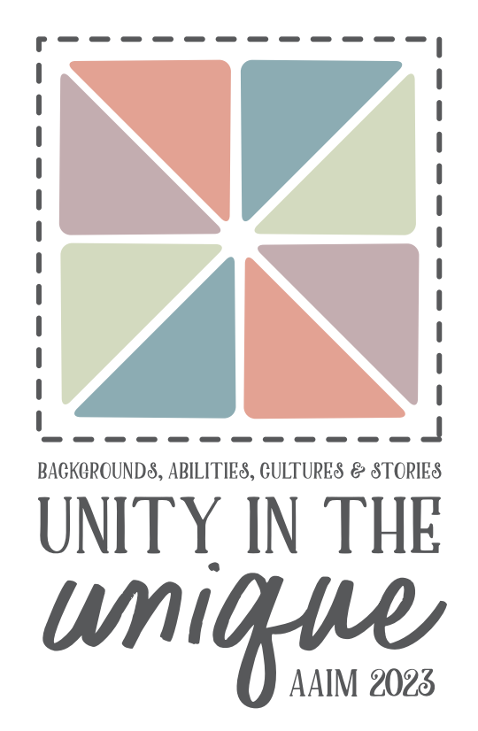2023 AAIM Conference logo pastel quilt square with conference theme unity in the unique backgrounds abilities cultures and stories 