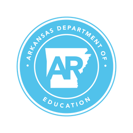 Arkansas Department of Education logo blue circle with white text and white state of Arkansas icon