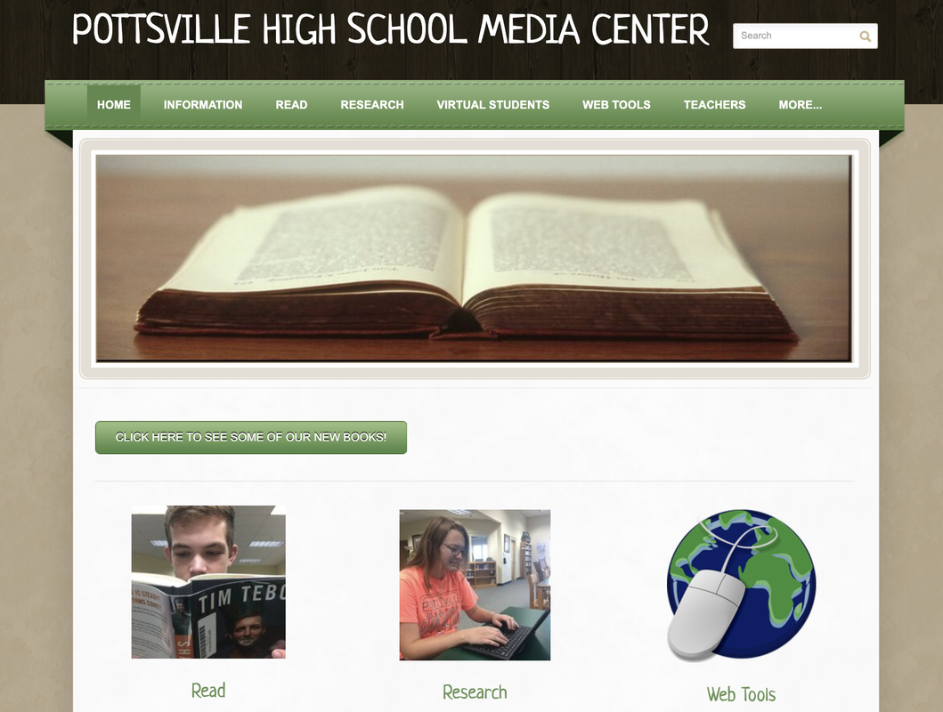Pottsville High School Library homepage showing large open book as the header and three tabs labeled Read Research and Web Tools